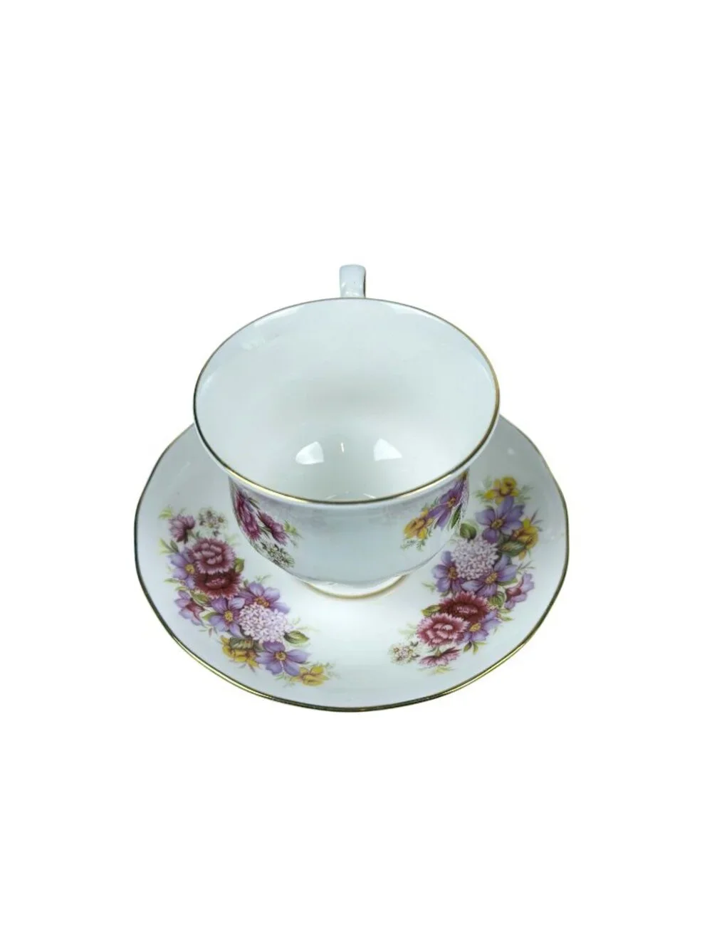 Vintage Queen Anne Fine Bone China Teacup Saucer Purple Red Floral Gold Trim
